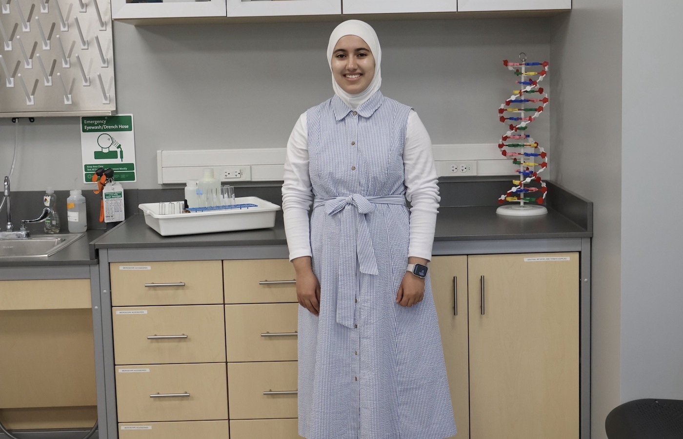 Douaa Abdeljebbar in a science lab in Campbell Hall